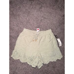 Haute Monde Women's Sage Green Pull-On Shorts w/ Lace Floral Trim Accent